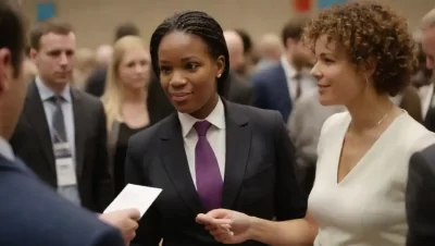 Un grupo diverso de profesionales que trabajan en redes en una conferencia