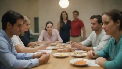 Un grupo de empleados recibiendo retroalimentación de un instructor en un entorno de capacitación interactiva.