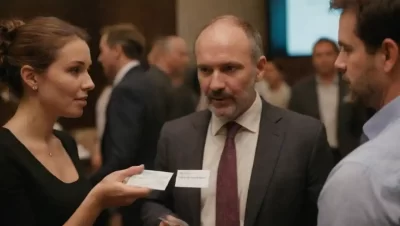 Dos profesionales intercambiando tarjetas de visita e ideas en un evento de networking.