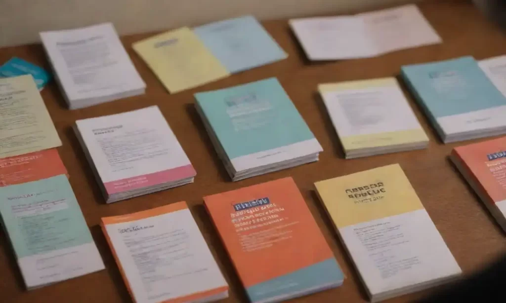 Una persona que contempla diversos folletos y una lista de objetivos personales.