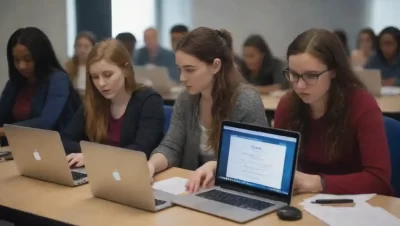 Estudiantes que participan en cursos en línea con laptops