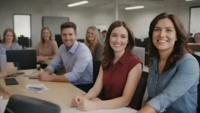 Ilustración de empleados sonriendo en un espacio de trabajo colaborativo