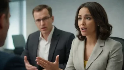 Profesional en un entorno de oficina ajustando su discurso mientras interactúa con colegas.