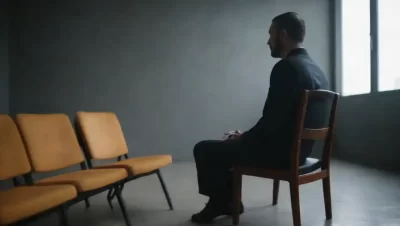 Persona meditando con notas de preparación y una silla de entrevista al fondo.