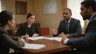 Grupo diverso dedicado a una discusión con ayudas visuales y símbolos culturales.