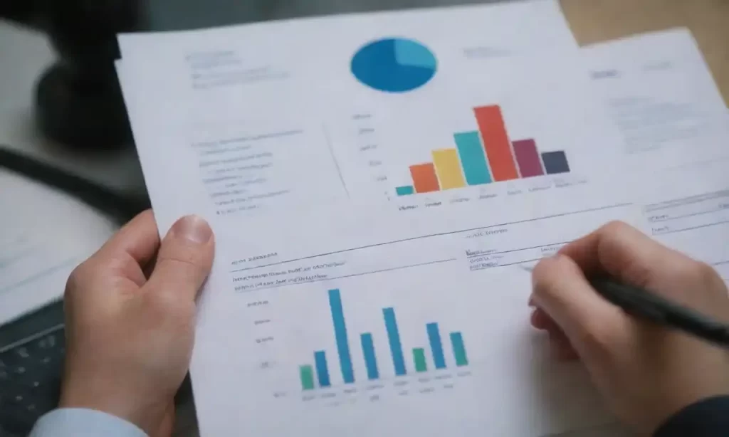 Una persona analizando un documento titulado Guía de política de sueldos junto con gráficos y gráficos.