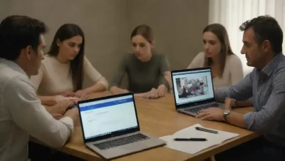 Grupo discutiendo criterios de selección con laptops y documentos en una mesa.