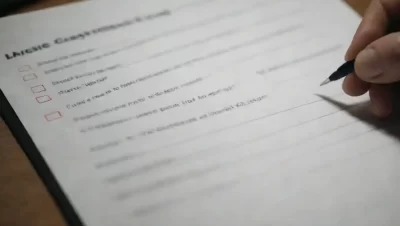 Persona evaluando habilidades con una lista de verificación y formularios de evaluación en un entorno profesional.