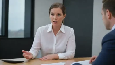 Manager discutiendo métricas de desempeño con un empleado durante una reunión de revisión.