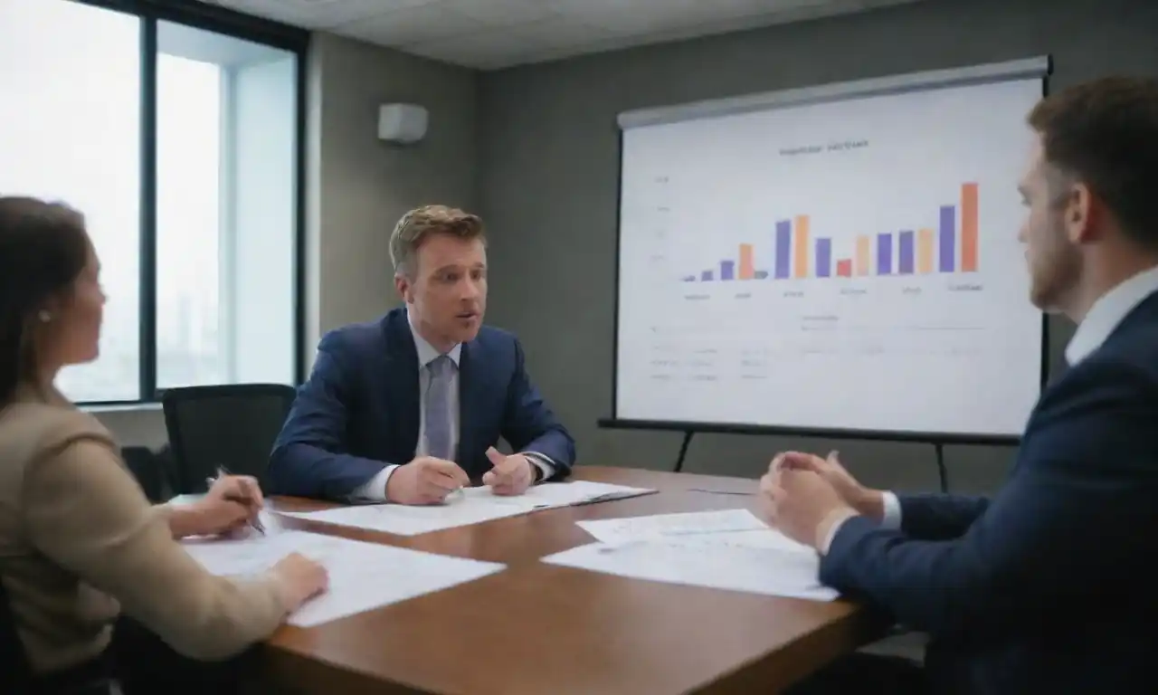 Una reunión en la que los directivos discutan los comentarios de rendimiento con los empleados, destacando los gráficos de las métricas de retención de talento.