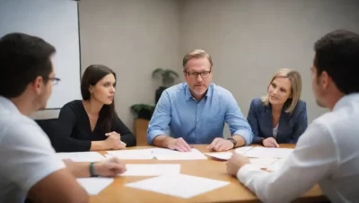 Un mentor que guía a un equipo diverso en una sesión de reflexión colaborativa.