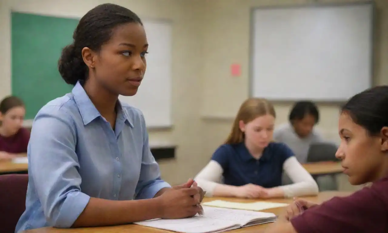 Un profesor que evalúa individualmente a los estudiantes usando herramientas y estrategias de evaluación adaptadas.