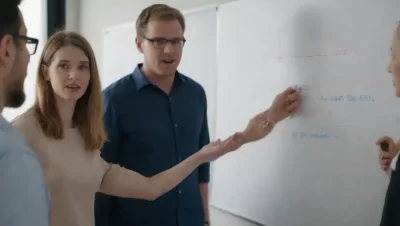 Los miembros del equipo discuten conjuntamente métricas de rendimiento en una pizarra transparente.