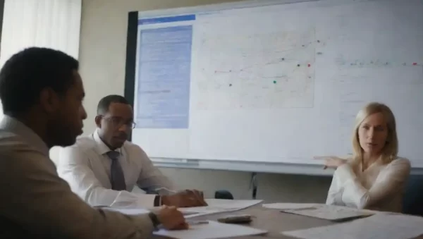 Un equipo diverso colaborando en un plan estratégico con gráficos y objetivos mostrados.