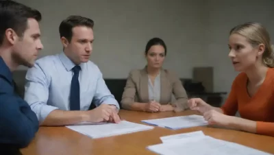 Un equipo diverso participó en una reunión de revisión de la actuación profesional con herramientas digitales y formularios de retroalimentación.