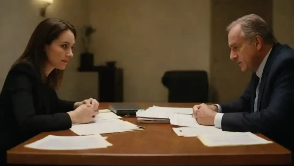 Dos personas discutiendo en una mesa con documentos y gestos de negociación.