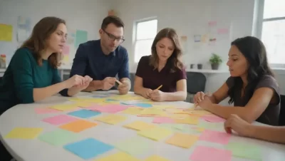 Equipo de almacenamiento de ideas con notas pegajosas y herramientas digitales en un espacio de trabajo colaborativo.