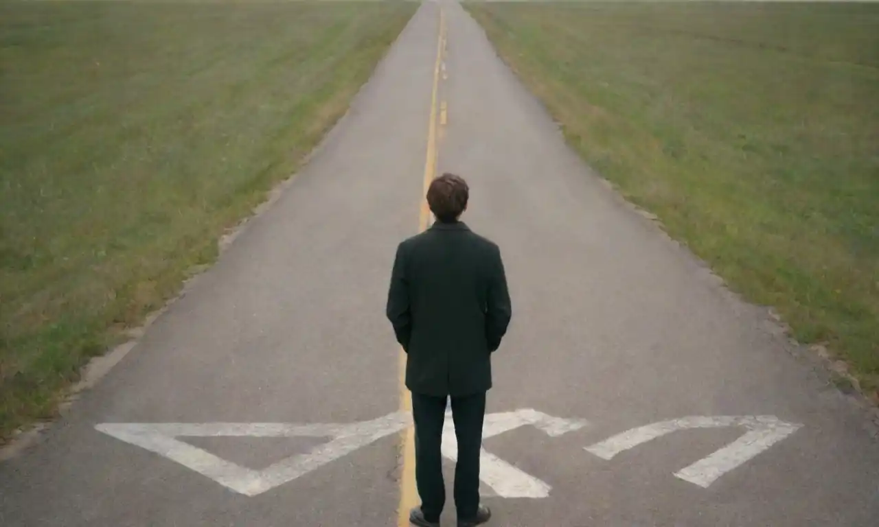 Una persona de pie en una encrucijada, contemplando caminos etiquetados con objetivos personales y profesionales.