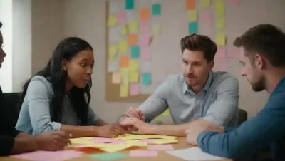 Diversos miembros del equipo colaboran alrededor de una mesa con notas pegajosas y un plan de proyecto.