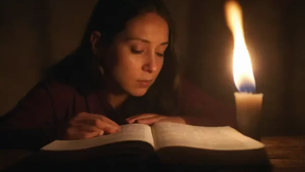 Persona meditando con una libreta de metástasis en un entorno caótico.