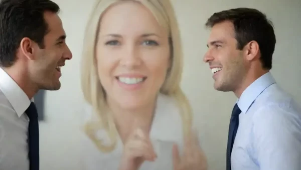 Empleados sonrientes conversando juntos en una oficina con gráficos de satisfacción laboral en la pared.