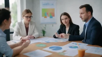 Equipo de negocios discutiendo objetivos de sostenibilidad con gráficos y productos ecológicos sobre la mesa.