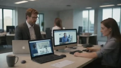 Los trabajadores de oficinas disfrutan de espacios de trabajo flexibles y herramientas de comunicación digital en un lugar de trabajo moderno.