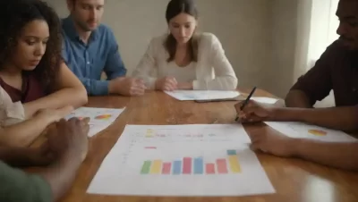 Un equipo diverso colaborando alrededor de una mesa con gráficos y símbolos culturales.