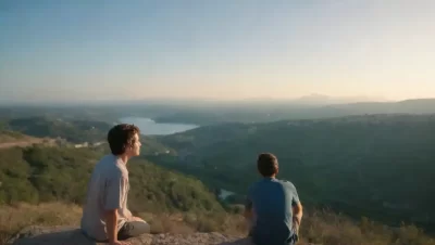 Persona contemplando un horizonte con un plano estratégico y un paisaje de oportunidades.