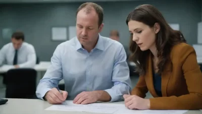 Los empleados completan un formulario de encuesta en un entorno moderno de oficinas.