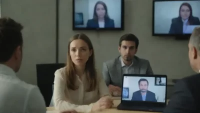 Un grupo de personas participando en una videoconferencia de capacitación en línea.