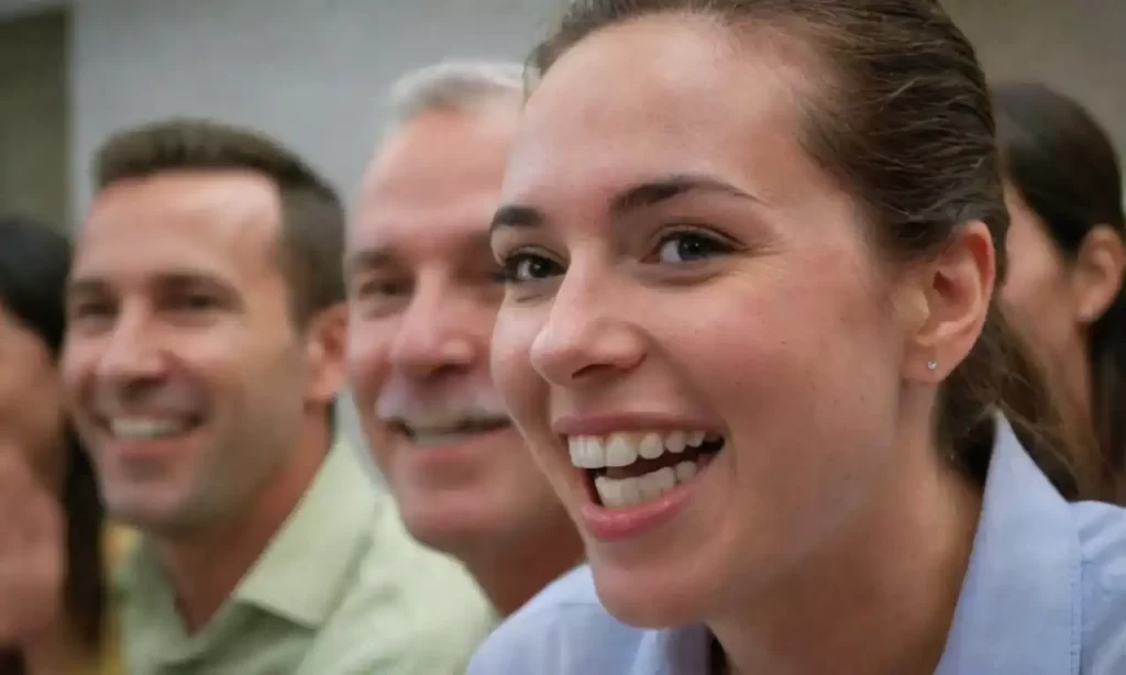 Un líder motivador sonriendo y animando a un equipo diverso en una reunión.