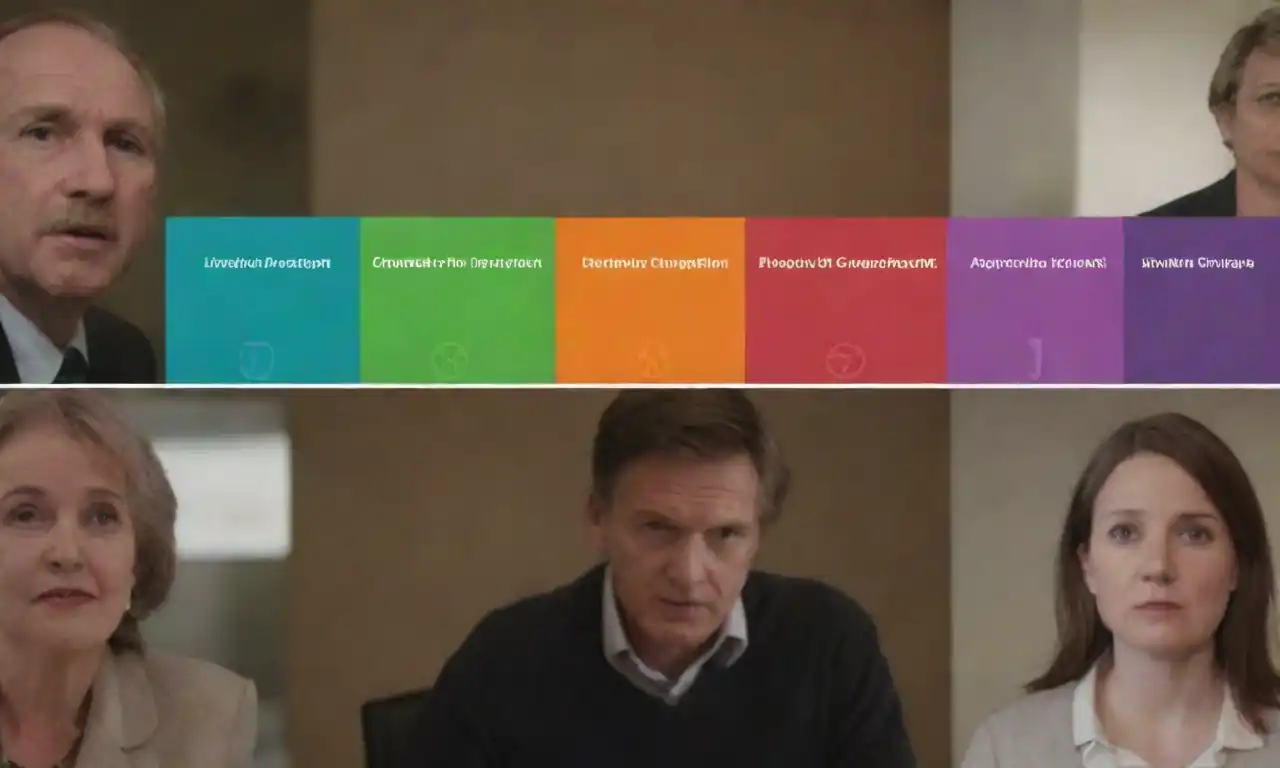 Un gráfico de tiempo que muestra la evolución de estilos de liderazgo junto con imágenes de proyectos de innovación social.