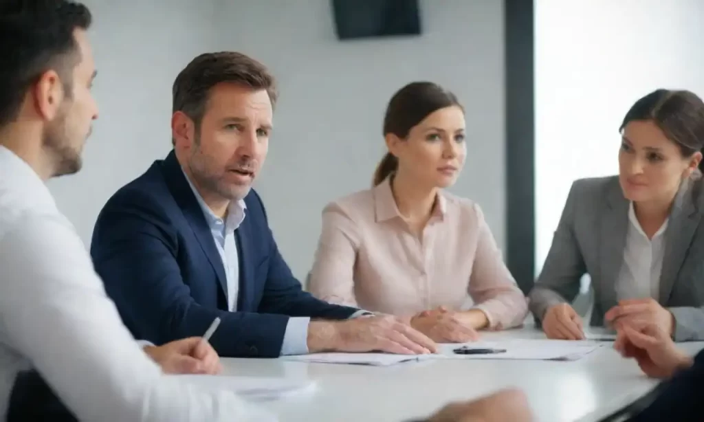 Un líder confiado que guía a un equipo en un entorno de encuentro colaborativo.