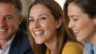 Líder sonriendo mientras motiva a su equipo en una reunión.
