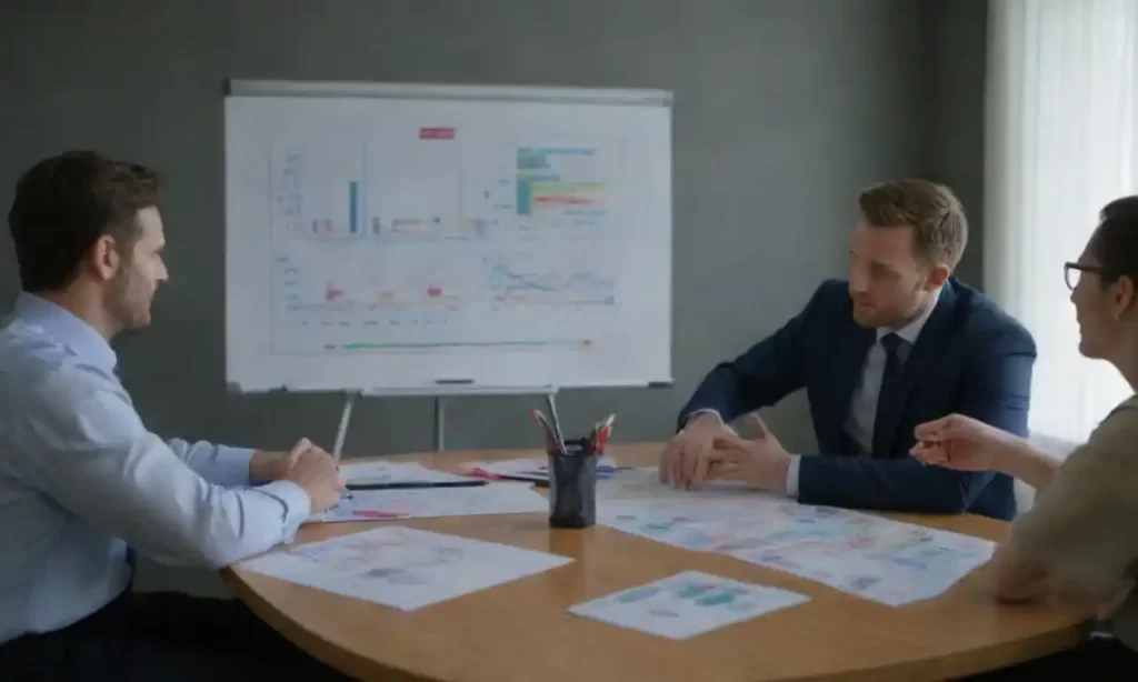 Un equipo encerándose alrededor de una mesa con gráficos y una pizarra destacando cambios estratégicos de negocio.