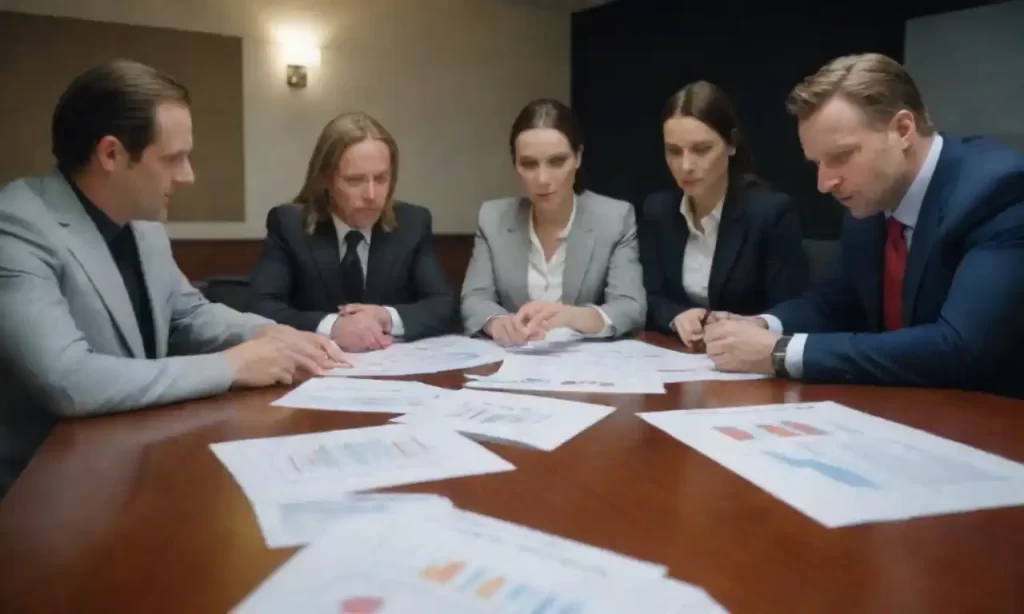 Equipo de análisis de gráficos y datos de la competencia en un entorno de juntas.