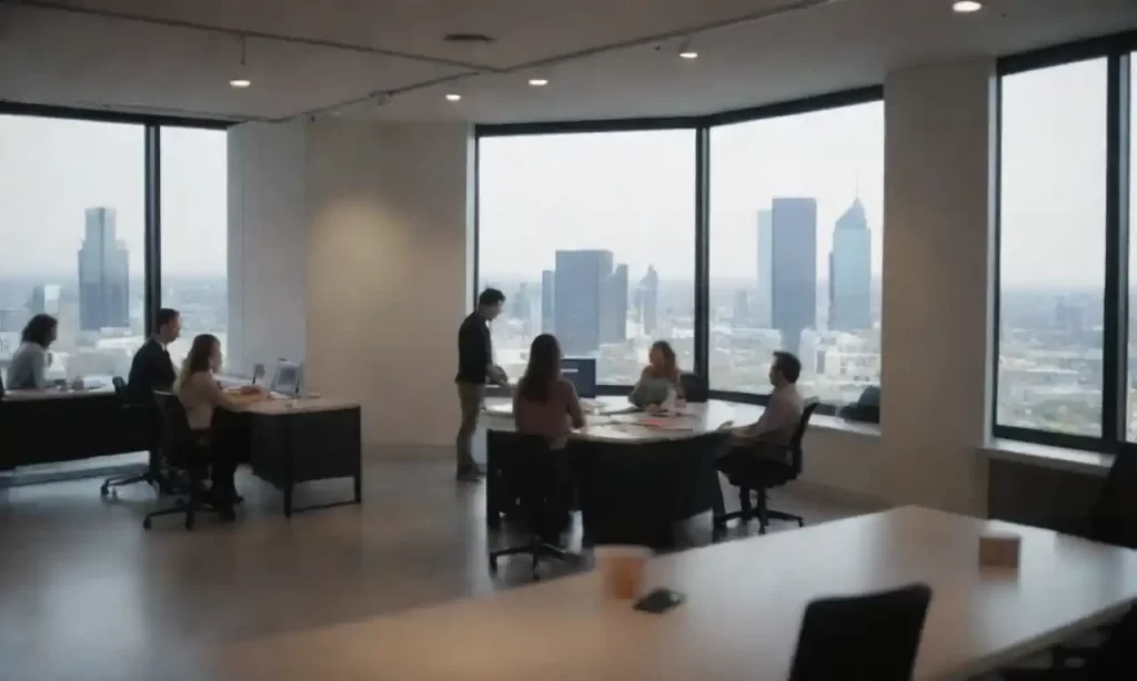 Startups colaborando en un espacio de oficinas moderno con gráficos y pantallas de innovación.