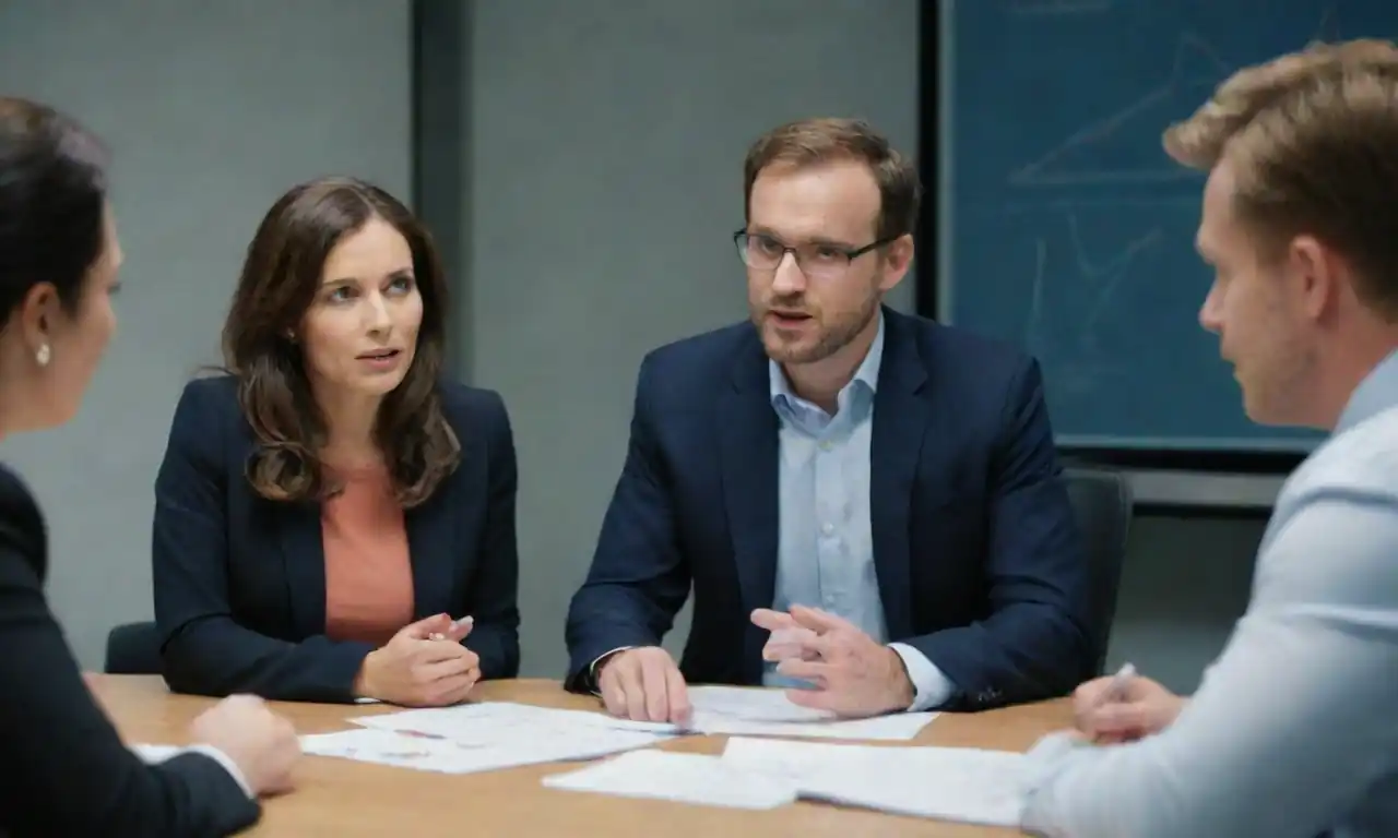 Un equipo diverso discutiendo gráficos y marcos de política de calidad en una sala de reuniones moderna.