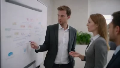 Equipo de almacenamiento de estrategias de retención de clientes en una pizarra en una oficina moderna.